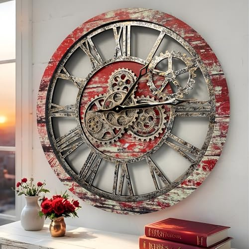 ImprovingLife The Gears Clock The Original Real Moving Gear Wanduhr, Vintage, industriell, übergroß, rustikales Bauernhaus, 24 in / 60 cm, rote Lava