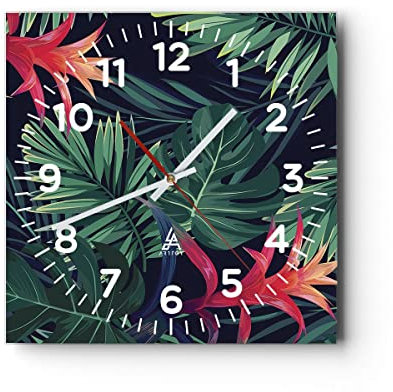 Modern Wanduhr Exotisch Blumen Blätter 30x30cm Quadrat Klein Wand Uhr Glas Analog Zimmeruhren Küche Büro Wohnzimmer Glasuhr Wall Clock Dekoration Design Wanddekoration Küchenuhr C4AC30x30-4308