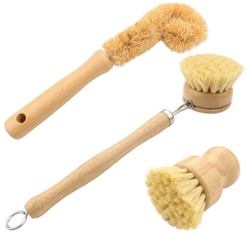 Roellgs 3 sets of natural dish washing brushes, 2 natural plant pot brushes+1 plant coconut bottle brush, environmental friendly wooden kitchen cleaning brush, applicable to bowls, pots, basins