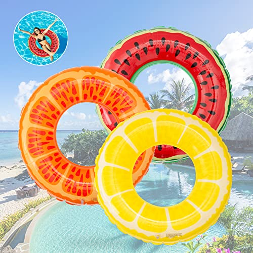 Pukitt 3 Stück Aufblasbare Schwimmringe mit Sommerfruchtmalerei, Orange, Zitrone und Wassermelone Schwimming Ring Erwachsene, 90 cm Transparenter Floating Ring Für Sommerpool Party