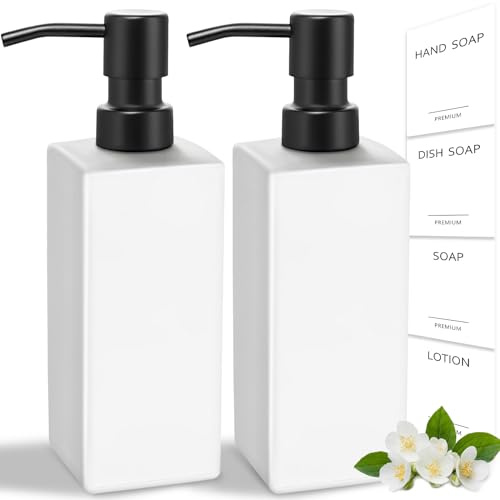 GM GMISUN White Soap Dispenser, 2 Pack Bathroom/Kitchen Soap Dispenser Set, 12oz Glass Refillable Bottle with Matte Black Stainless Steel Pump