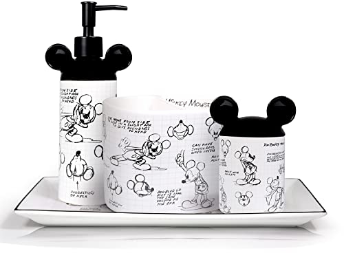 Disney 4 Piece Bathroom Set Accessories | Disney Mickey Mouse Home Decorations | Cute Ceramic Housewarming Gifts | Lotion Pump | Tray | Toothbrush Holder | Cotton Ball Holder Jar (White)