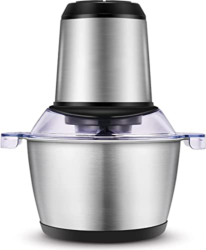 FABIIA Hachoir Électrique avec Bol Acier INOX 2L, Hachoir à Viande 350W avec 4 Lames Amovibles pour Hacher Viande, Oignon, Herbes, Fruit Sec Rapide et sans Efforts