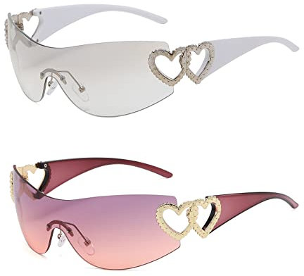 YAMEIZE Trendige Y2K Rundum-Herz-Sonnenbrille – für Damen und Herren, stilvolle randlose Wickelbrille, übergroße schwarze Brille, Radfahren, Fahren, Einkaufen, Outdoor, Transparent und Violett
