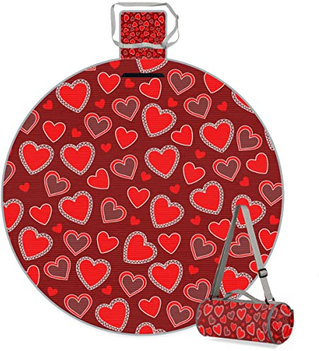TropicalLife Rotes Herz Valentinstag runde Picknickdecke Herz wasserdicht faltbar Indoor Outdoor Teppiche Matte für Strand Camping Park Familientreffen Aktivitäten