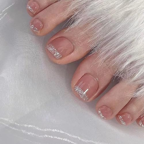 24PCS Press on Toenails Square Short Full Cover Fake Toenails French Tips Coffin Fake Toenails Nude Toe Nails for women Teens Girls