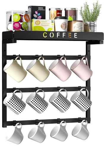 RCHYFEED Soporte para tazas de café montado en la pared, 12 ganchos ajustables que reducen las colisiones de tazas, tazas para exhibición y colección de cocina, estante superior de almacenamiento,