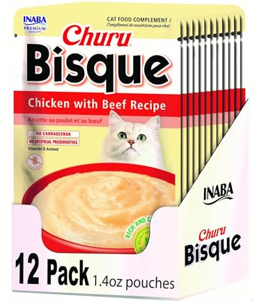 INABA Churu Bisque for Cats, Creamy Lickable Purée Side Dish with Vitamin E, 1.4 Ounces per Pouch, 12 Pouches, Chicken with Beef Recipe