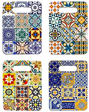 Set de 4 Tablas de Cortar Decorativas de Cerámica Hidráulico Multicolores Retro. Utensilios Cocina. Menaje. Decoración Hogar. Regalos Originales. 24 x 18 x 0,70 cm