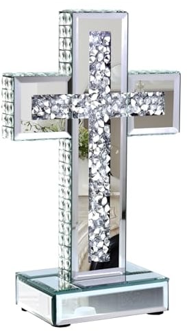 GIMORRTO Wanddekoration, verspiegeltes Kreuz, zerkleinertes Diamant-Kristallglas, religiöse Wandkunst (klein auf dem Tisch)