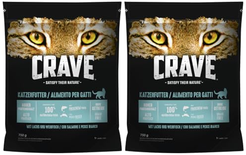 CRAVE Katze Beutel Adult mit Lachs und Weißfisch 2 x 750g, Katzenfutter, Trockenfutter