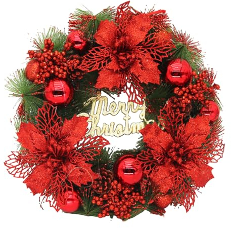 Weihnachten Deko Türkranz, 30-80cm Weihnachtskranz Blume Und Weihnachtskugeln Willkommensschild, Rattan Girlanden Kranz Dekorationen Für Wand, Haustür, Fenster, Kamin, Hochzeitsfeier (Rot,80CM)