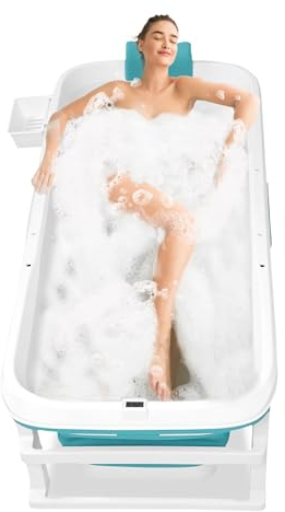 JOIEYOU Faltbare Badewanne, Erwachsene Klappbadewanne Reisebadewanne Sitzbadewanne, Faltbare Badewanne mit Thermometer Abnehmbare Abdeckung Badewannenablage – Blau 132x61x54 cm