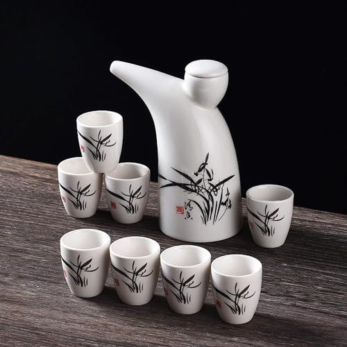 Japanisches Sake-Becher-Set, 9-teilig, traditionelle Keramik-Handwerksbecher mit 1 Sake-Servierflasche und 8 Sake-Bechern, Pflaumenblüte (Orchidee)
