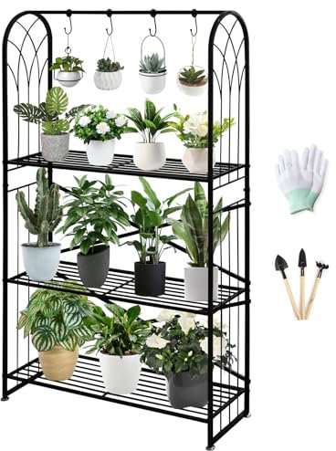 Étagère à fleurs à 3 étages - Hauteur réglable - 130,5 cm - En métal noir - Pour plusieurs plantes - Escalier de plantes - Support de plantes - Étagère de jardin pour l'intérieur et l'extérieur