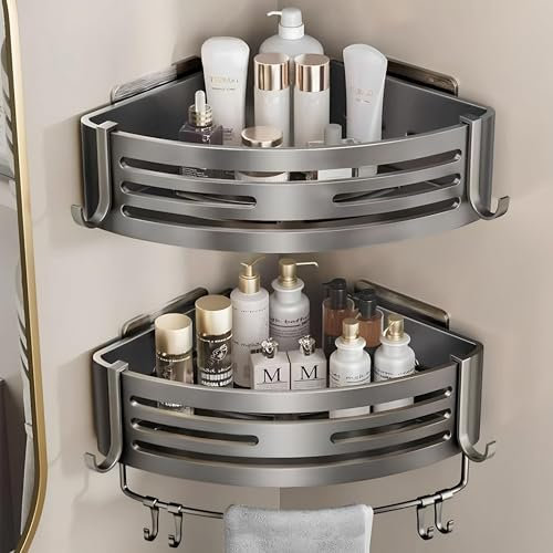 MZSX Double Triangle Shelf, Adhesive Corner Shower Caddy Wall, No Drilling Metal with Stickers Wall Mounted for Kitchen and Bathroom, Bathroom Storage Rack with 4 Hooks