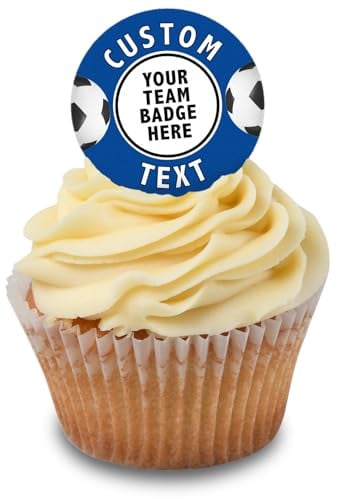 Cakeshop Cupcake Personalised Edible Cake Toppers With Dark Blue Football Border | Personalise With Your Custom Image & Name | For Birthdays & Celebrations | Icing & Wafer Paper Options