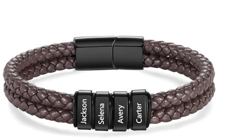 kaululu Personalisierte Herren Lederarmband mit Namen Graviert Perlenarmband Schwarz Braun für Männer Papa Opa Freund Vatertag Geschenke Weihnachten Personalisierte Geschenke Männer (Braun-4)