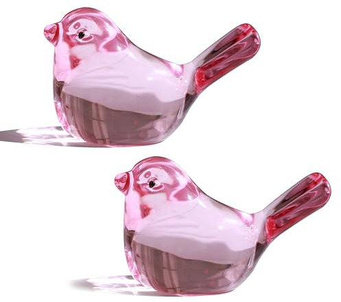 H&D HYALINE & DORA Lot de 2 figurines d'oiseaux en verre soufflé faites à la main - Décoration de collection (rose)