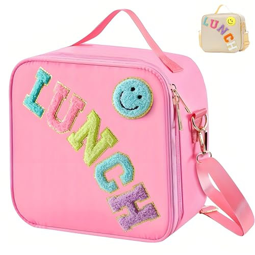 Kiswleon Insulated Lunch Bag Girls,Reusable Lunch Bags for Women Teen with Adjustable Shoulder Strap,Cute Smiley Girls Lunch Box,Leakproof Lunch Bag Kids for Womens,Teenage,Childrens (Pink)