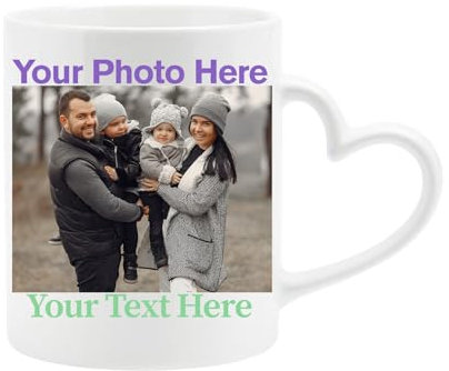 Excudo Trade LTD Personalised Heart Handle Mug Custom Photo Text or Logo Cup Gift for Birthdays, Valentine's Day, Xmas Christmas, Mum Dad and Work Colleagues Present