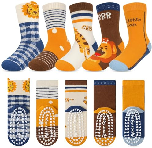 Kyopp 5 Paar Stoppersocken Kinder Baumwolle Socken Jungen Mädchen ABS Socks | Rutschsocken für Kleinkinder,Tiermotive Stoppersocken,Baumwolle Crew Socks ABS Kindersocken