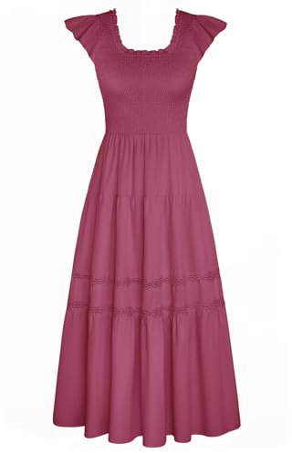 GRACE KARIN Elegante Abito Estivo Lungo da Donna A Trapezio con Scollo Quadrato E Maniche ad Aletta per Vacanze al Mare Rosa Viola S
