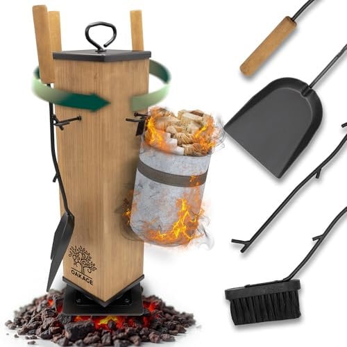 OAKAGE Kaminbesteck Modern [integrierter Holzkorb & drehbarer Kern] Hochwertiges Kaminzubehör mit Holzgriff | Kaminofen Besteck mit Kehrset & Schürhaken | Ofenbesteck Garnitur für Ofen & Kamin
