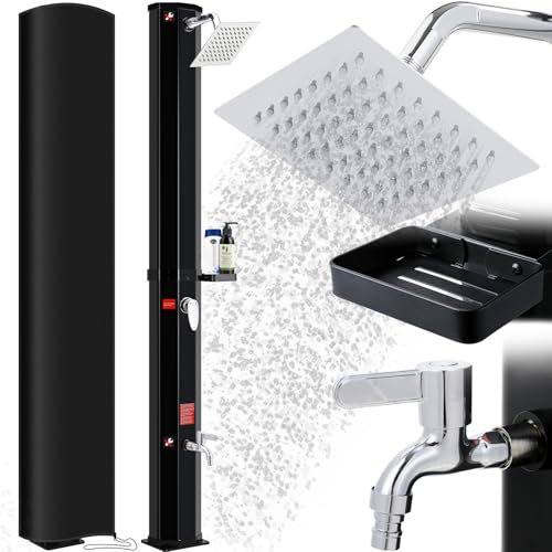 LIFERUN Solardusche 40 L, Gartendusche Warmwasser bis 60°C, mit Regenduschkopf, Wasserhahn, Seifenkiste & Schutzhaube, Pooldusche Camping für Garten, Balkon & Pool, ohne Stromanschluss, Schwarz