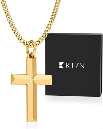 RTZN® Gold Cross Necklace For Men – 18K Mens Gold Cross Necklace – Non-Tarnish, Fade-Proof & Waterproof Pendant Necklaces for Men Women with 2mm Curb Chain – 22 Inches