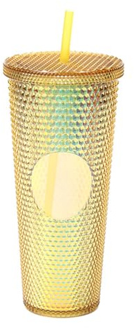 Plastikbecher mit Deckel und Strohhalmen, 710 ml Trinkbecher Wiederverwendbarer Becher Plastik Doppelwandiger für Büro Outdoor Esszimmer Pool (Transparentes Gold)