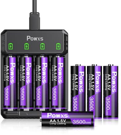 POWXS Rechargeable Lithium AA Batteries 8-Pack with Charger, 3500 mWh High Capacity 1.5V Constant Voltage Output Li-ion Double A Battery 2000+ Cycles