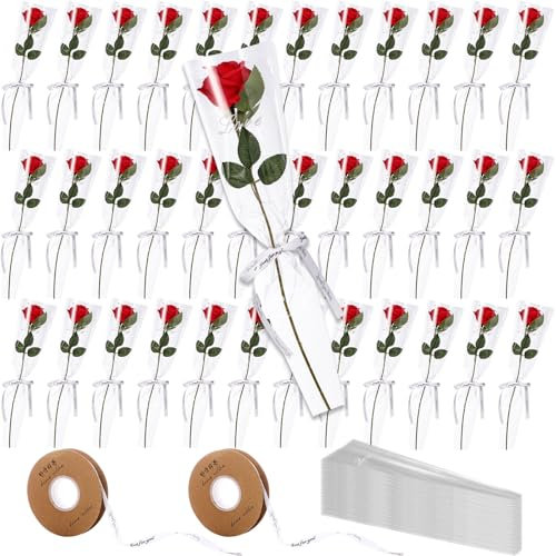 Zeyune 36 Pcs Single Roses Sleeves Flower with 50 Wrapping Paper Bags 2 Silk Ribbon, Fake Floral Rose Bouquet Packaging Gift for DIY Mother's Valentines Wedding Anniversary Birthday Supplies(Clear)