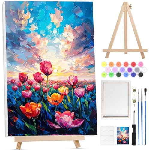 Bowetile Fleurs à peindre par numéros adultes enfants débutants avec cadre et chevalet en bois, kit de peintures paysagères pour peinture par numéros, peinture acrylique travaux manuels adultes pour