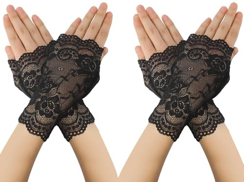 KEAHND Spitzenhandschuhe Fingerlos,Spitzen Handschuhe Schwarz,Frauen Kurze Spitze Handschuhe,für Hochzeit,Party,Oper,Teeparty,Halloween Vintage Accessoires