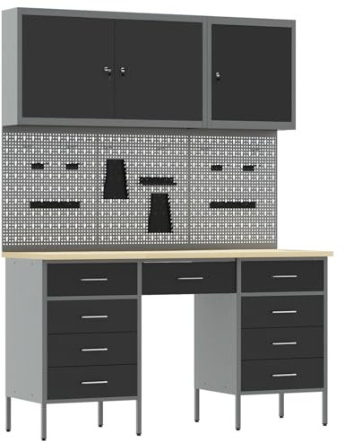 vidaXL Werkbank mit Schubladen 8 pcs Schwarz 150 x 55 x 200 cm, Werkstatt Aufbewahrungslösungen, Werkzeughalter, Möbel Organizer, Schubladenregal