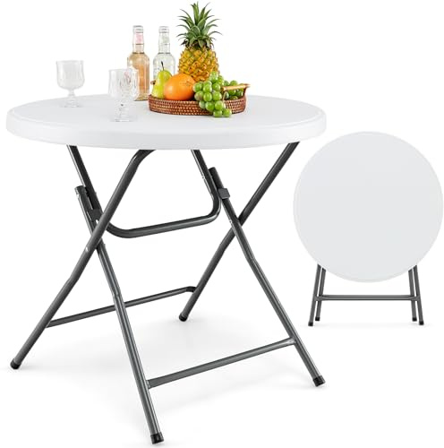 COSTWAY Table de Jardin Ronde Pliante 81 cm, Table à Manger Extérieur avec Plateau Épaissi en HDPE Pieds en Métals et Patins Antidérapants, pour Patio Balcon Terrasse, Charge 75 kg, Blanc