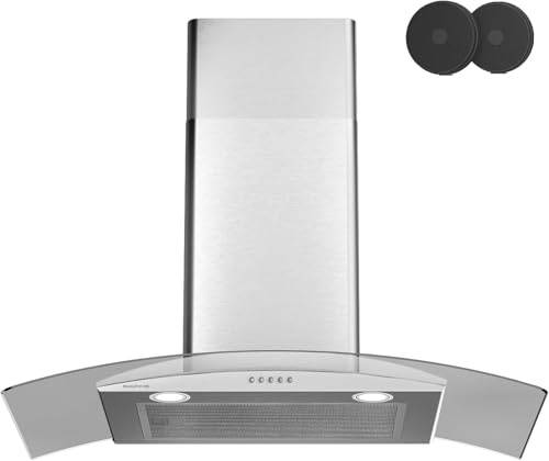 SOONYE Cappa aspirante a baldacchino da 60 cm, cappe camino in vetro curvo, filtri a carbone inclusi, cappa da cucina con illuminazione a LED