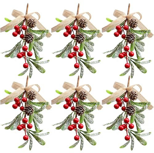 HERZWILD 6pcs Weihnachten Mistel Dekor Künstliche Mistel Zweig Ornament Glitzer Mistel mit Beeren Weihnachtsbaum Hängen Dekorationen F (Rot C-6 Stück)