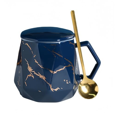 Taza Cafe Taza De Café De Cerámica De 420 Ml Con Diseño De Mármol Y Corte De Diamante, Ideal Para El Hogar Y La Oficina, Con Tapa Y Cuchara, En Caja De Regalo, Color Azul.