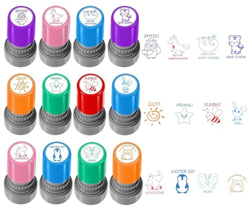 12 Stück Lehrerstempel Selbstfärbender Set,Schüler Hausaufgaben Stamper,Bunte Cartoon Lehrer Bewertung Belohnung Motivation Briefmarken, Selbstfärbende Lehrer Stempel