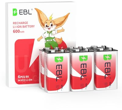 EBL 9V Li-ion Rechargeable Batteries 6 Packs, High-Capacity 600mAh