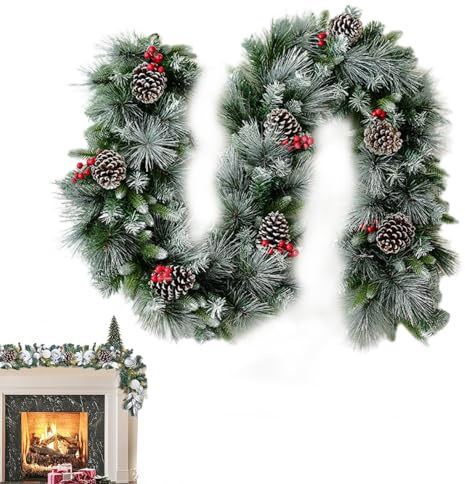 Guirnalda de Navidad para barandilla de escaleras, decoración de bayas rojas largas - guirnalda de abeto para decoración navideña, para chimenea, boda, puerta de casa, de invierno, barandilla