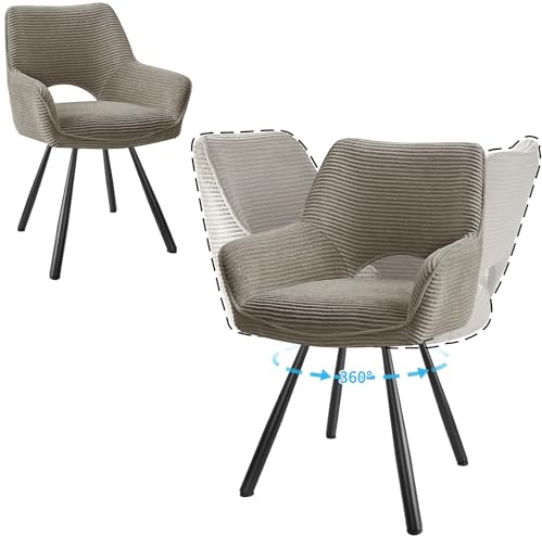 JIJIAN 2er Set Esszimmerstuhl Drehbar mit Armlehne, Drehbar 360°, Küchenstuhl, Moderner Polsterstuhl mit Stoffrückenlehne für Küche, Esszimmer, Schlafzimmer, Hellkaffeebraun