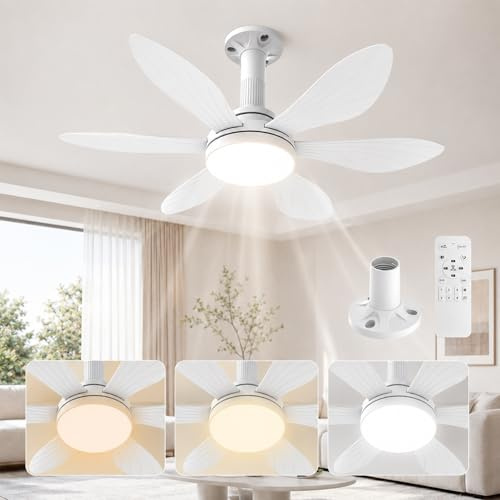 Hisummer 71cm Ventilatore da Soffitto con Luce E27, Montaggio in 3 Passi | Solo con base fornita, motore DC reversibile, silenzioso, 6 velocità, LED regolabile, telecomando, per camera e piccoli spazi