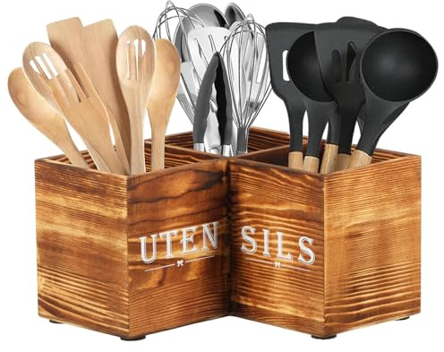 CBWERBB Extra Large Kitchen Utensils Holder,Utensil Holder Wooden Corner Cutlery Caddy Cooking Utensil Organizer with 3 Compartments for Kitchen Countertop Farmhouse Decor (Brown)
