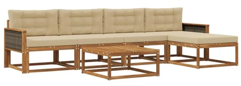 vidaXL Outdoor-Sofagarnitur mit Kissen 6 pcs Natur und Beige, Patio-Lounge-Set, modernes Outdoor-Sofa, wetterfestes Gartenmöbel, Akazienholz
