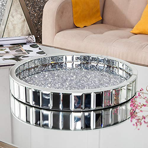 blingworld Round Mirrored Tray, 35cm Silver Glass Crystal Vanity Platter | Velvet base, bevelled mirror edge, crystal inlay, decorative organiser, vanity or coffee table display