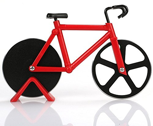 Arnique Fahrrad Pizzaschneider - doppelte Schneide aus Edelstahl - Antihaftbeschichtung - Schneide-Räder mit Fahrradständer rot