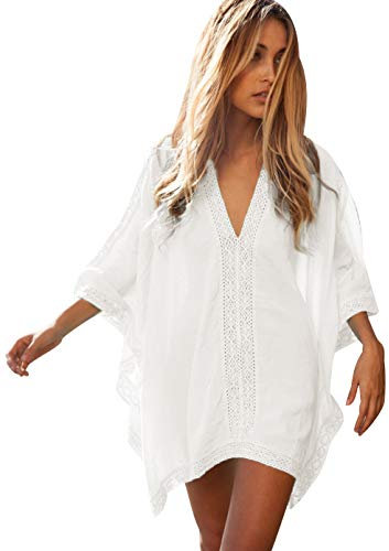 Vestidos de Playa Pareos Playeros Cuello V Boho Vestido Playa Mujer Kaftan Caftanes Bluson Tunica Blusas Playa Piscina Ropa de Baño Playero Ropa de Playa Mujer Bikini Cover Up Tunicas Camisola Blanco